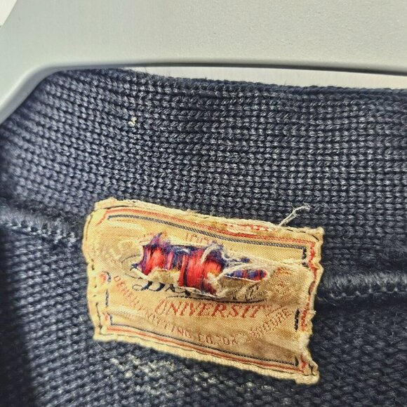 Vintage Men's Navy Lettermans Cardigan Sweater Yellow Stripes Pockets Flawed S - Picture 5 of 11